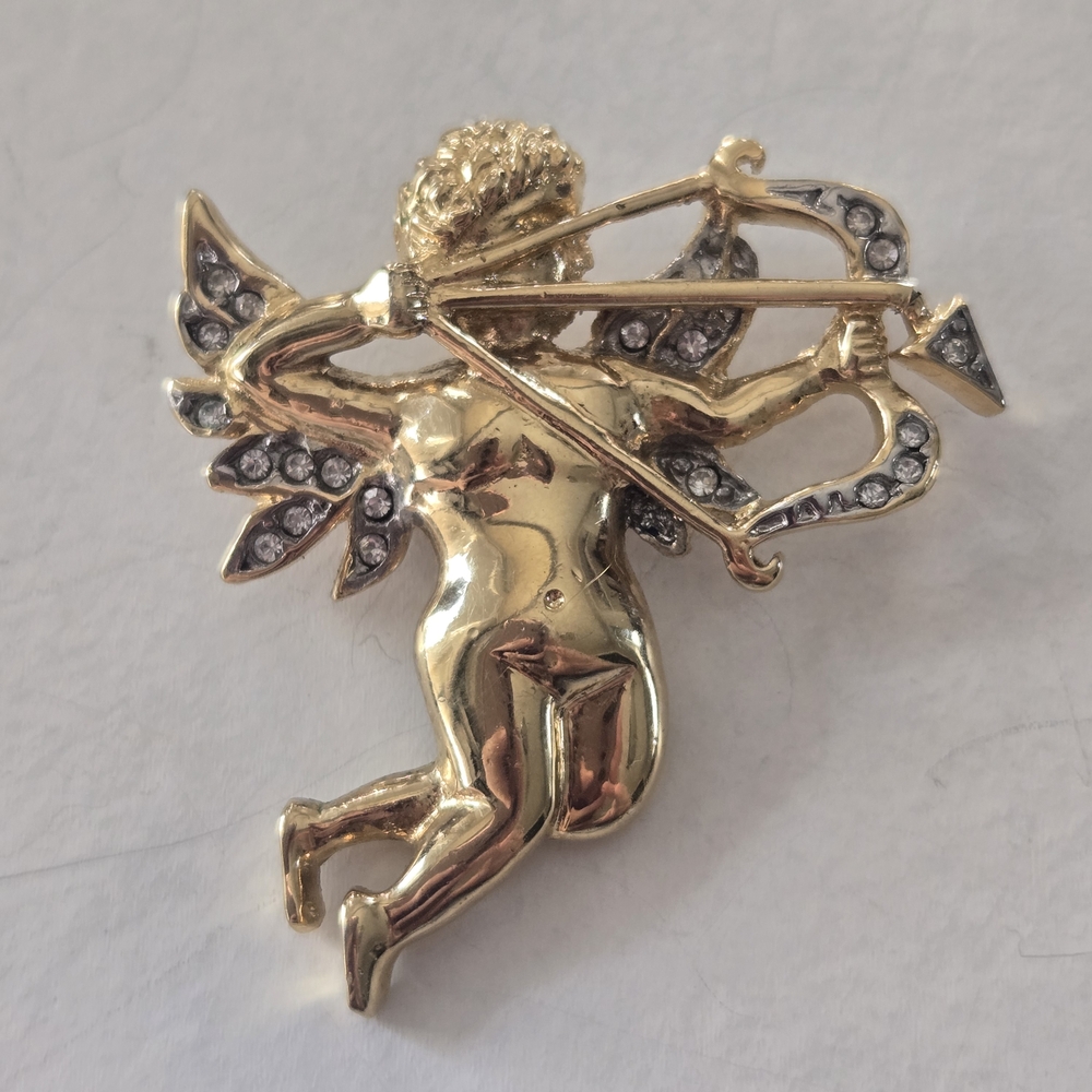 Vintage Elegant Gold-Tone Cherub Jewelry Crystals Part Of A Pin Cupid Angel Love